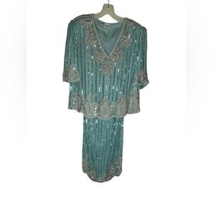 👗 Vintage Judith Ann Creations Beaded Silk‎ Skirt Set Teal L ✨